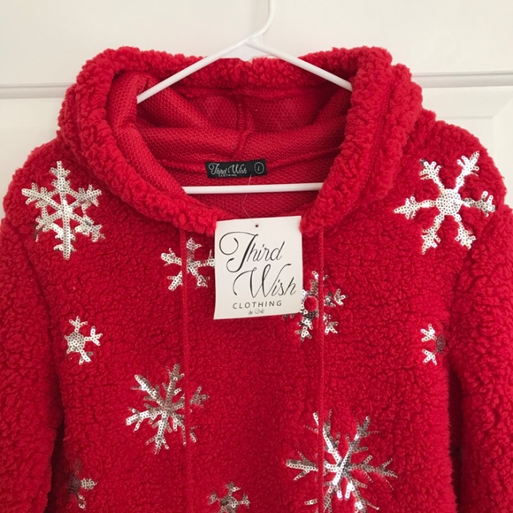 Christmas Third Wish Sherpa Sequin Snowflake Pom Pom Hoodie Size L Red Silver - Picture 3 of 6